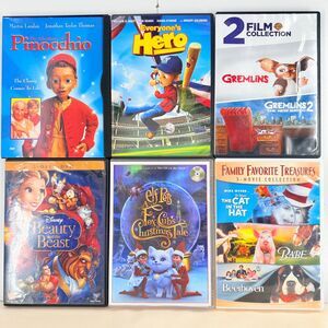 6 DVD Movie Lot Disney Beauty Beast Gremlins Cat Hat Pinocchio Family Kids
